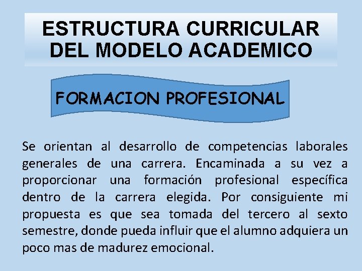 ESTRUCTURA CURRICULAR DEL MODELO ACADEMICO FORMACION PROFESIONAL Se orientan al desarrollo de competencias laborales