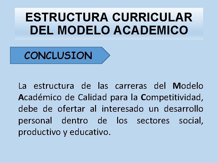 ESTRUCTURA CURRICULAR DEL MODELO ACADEMICO CONCLUSION La estructura de las carreras del Modelo Académico