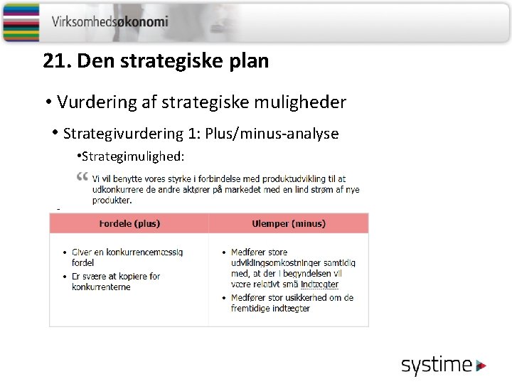 21. Den strategiske plan • Vurdering af strategiske muligheder • Strategivurdering 1: Plus/minus-analyse •