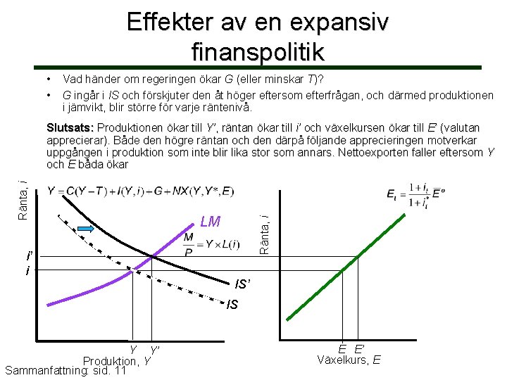 Effekter av en expansiv finanspolitik • • Vad händer om regeringen ökar G (eller