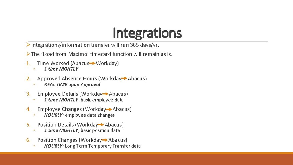 Integrations ØIntegrations/information transfer will run 365 days/yr. ØThe ‘Load from Maximo’ timecard function will Integrations ØIntegrations/information transfer will run 365 days/yr. ØThe ‘Load from Maximo’ timecard function will