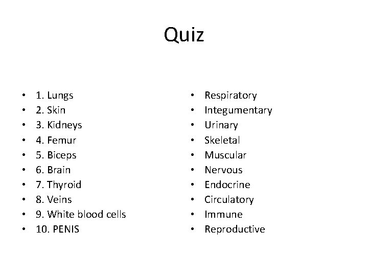 Quiz • • • 1. Lungs 2. Skin 3. Kidneys 4. Femur 5. Biceps