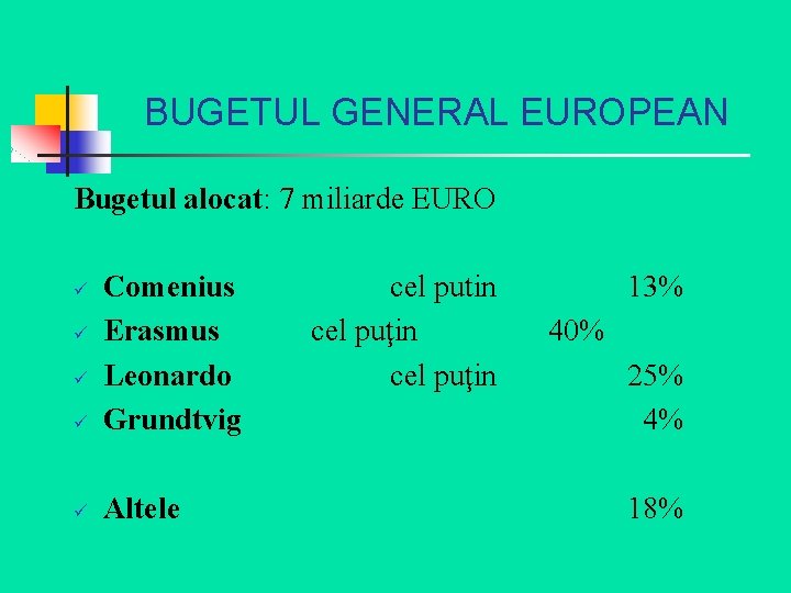 BUGETUL GENERAL EUROPEAN Bugetul alocat: 7 miliarde EURO ü Comenius Erasmus Leonardo Grundtvig ü