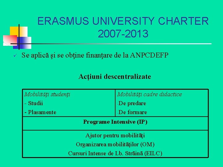 ERASMUS UNIVERSITY CHARTER 2007 -2013 ü Se aplică şi se obţine finanţare de la