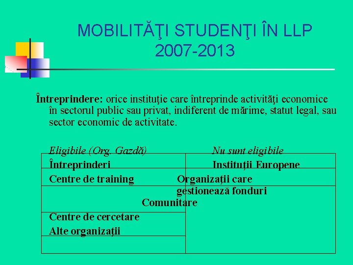 MOBILITĂŢI STUDENŢI ÎN LLP 2007 -2013 Întreprindere: orice instituţie care întreprinde activităţi economice în