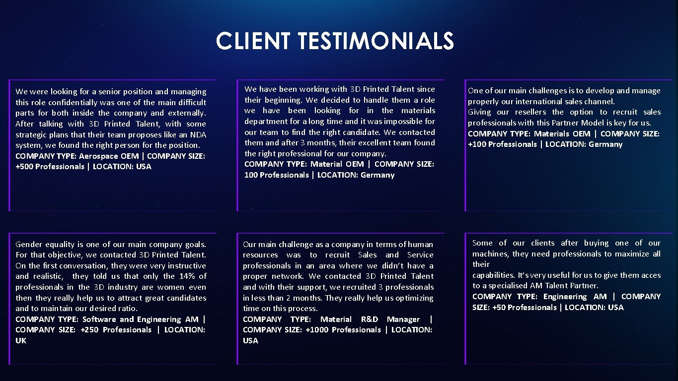 CLIENT TESTIMONIALS We were looking for a senior position and managing this role confidentially