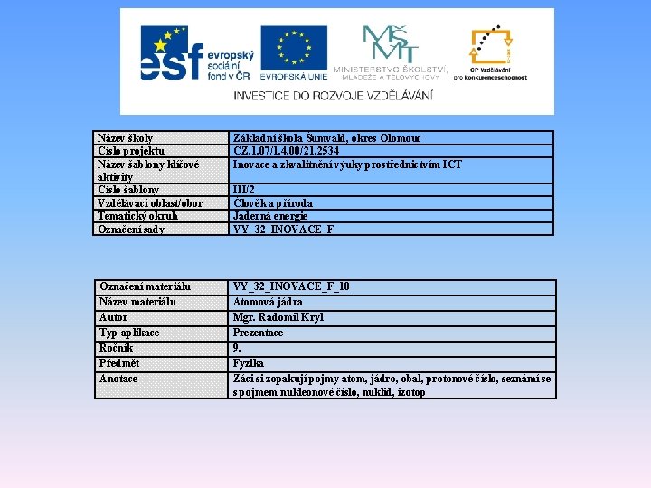 Název školy Číslo projektu Název šablony klíčové aktivity Číslo šablony Vzdělávací oblast/obor Tematický okruh