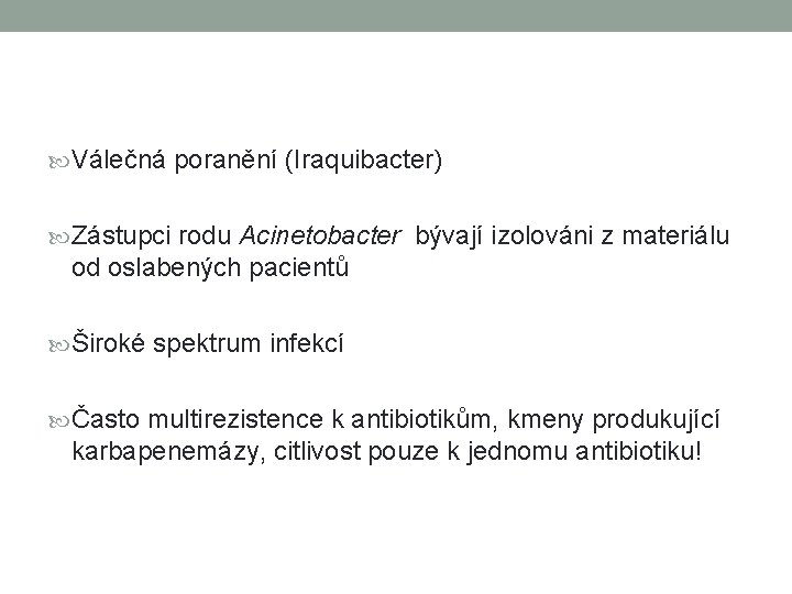  Válečná poranění (Iraquibacter) Zástupci rodu Acinetobacter bývají izolováni z materiálu od oslabených pacientů