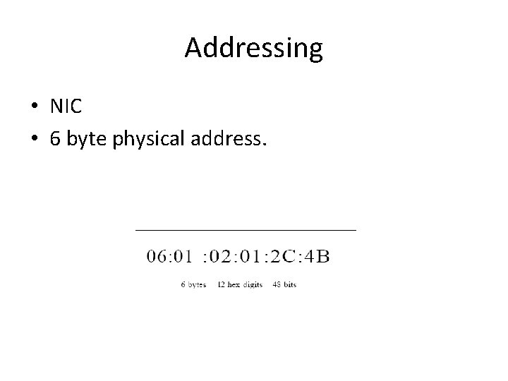 Addressing • NIC • 6 byte physical address. 