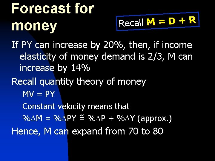 Forecast for money Recall M = D + R If PY can increase by