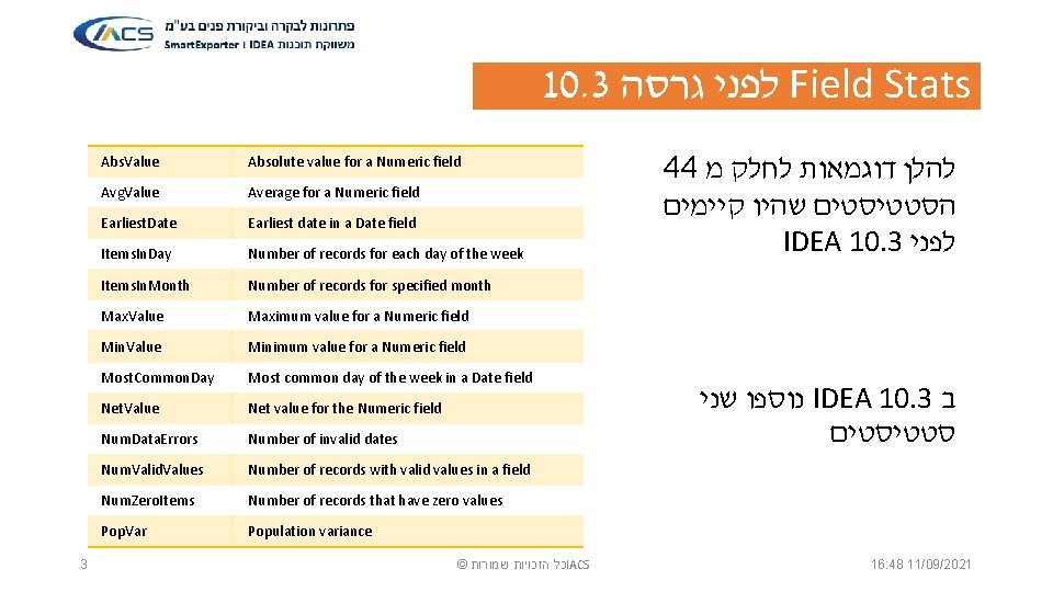 10. 3 לפני גרסה Field Stats 3 Abs. Value Absolute value for a Numeric