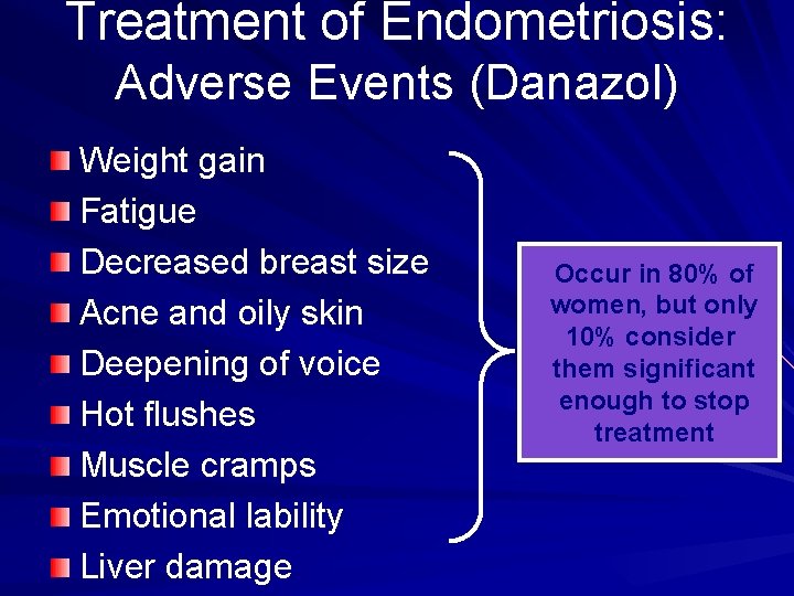 Treatment of Endometriosis: Adverse Events (Danazol) Weight gain Fatigue Decreased breast size Acne and