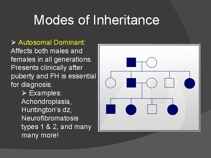 Modes of Inheritance Ø Autosomal Dominant: Affects both males and females in all generations.