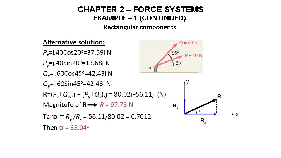 CHAPTER 2 – FORCE SYSTEMS EXAMPLE – 1 (CONTINUED) Rectangular components 