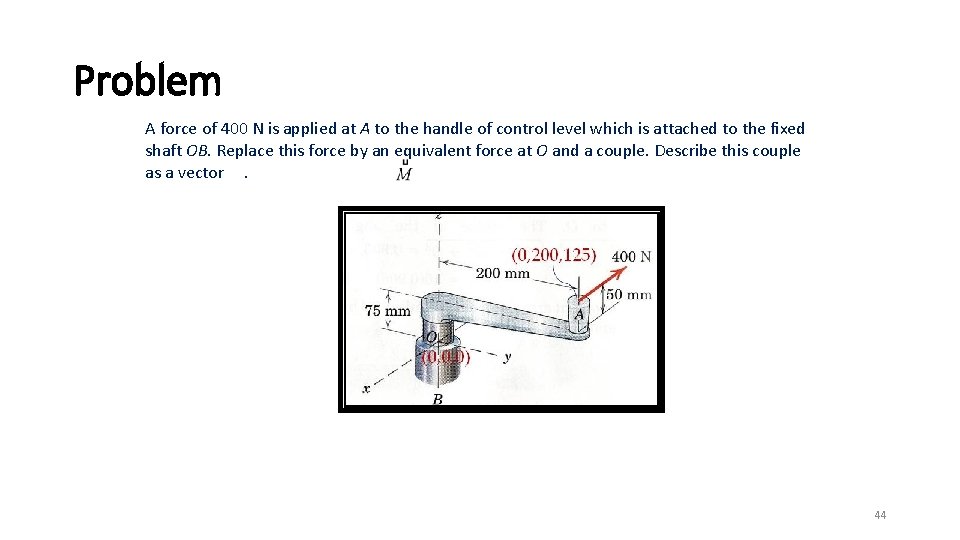 Problem A force of 400 N is applied at A to the handle of