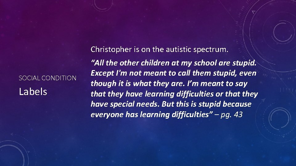 Christopher is on the autistic spectrum. SOCIAL CONDITION Labels “All the other children at