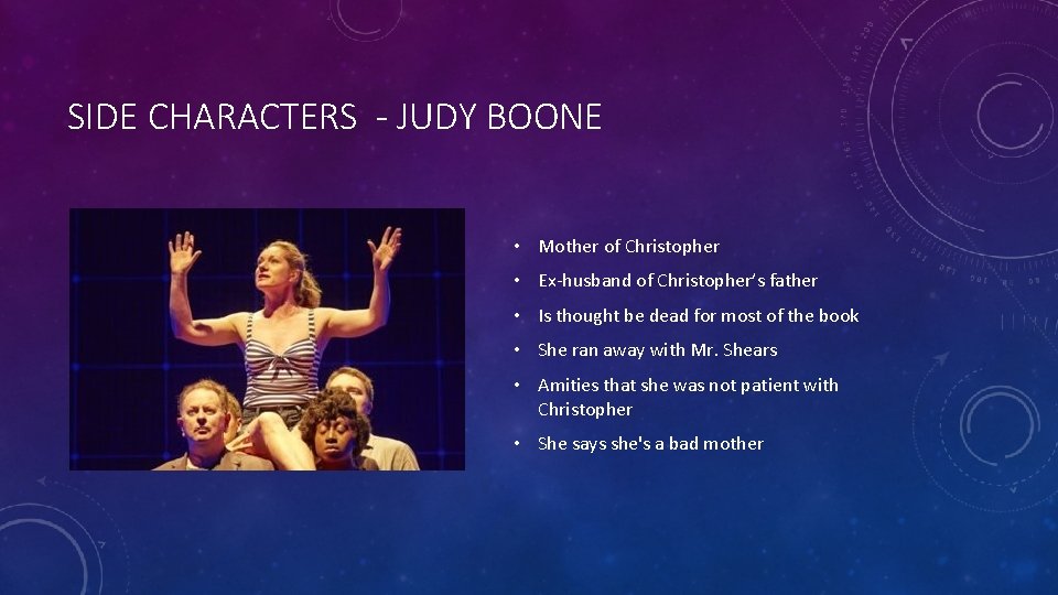 SIDE CHARACTERS - JUDY BOONE • Mother of Christopher • Ex-husband of Christopher’s father