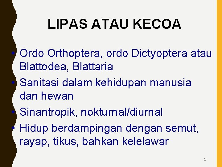 LIPAS ATAU KECOA • Ordo Orthoptera, ordo Dictyoptera atau Blattodea, Blattaria • Sanitasi dalam