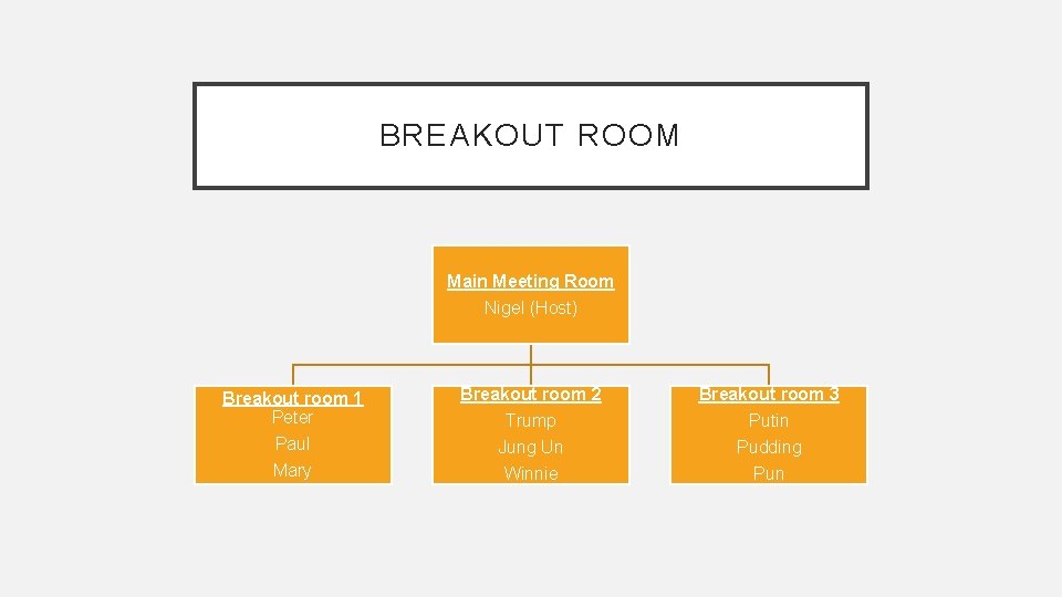 BREAKOUT ROOM Main Meeting Room Nigel (Host) Breakout room 1 Peter Breakout room 2