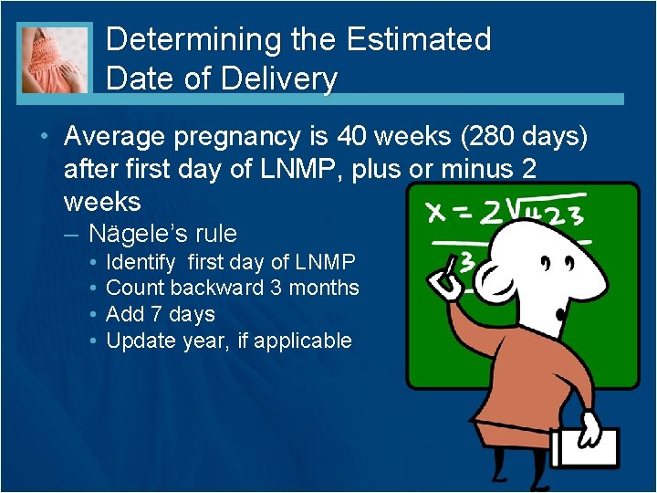 Determining the Estimated Date of Delivery • Average pregnancy is 40 weeks (280 days)