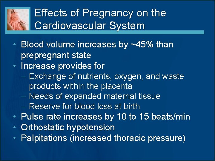 Effects of Pregnancy on the Cardiovascular System • Blood volume increases by ~45% than