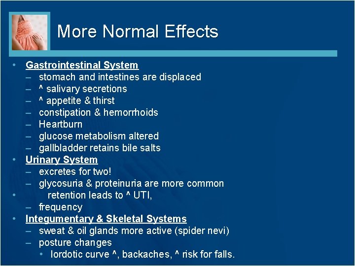 More Normal Effects • Gastrointestinal System – stomach and intestines are displaced – ^