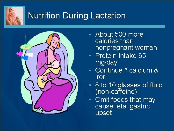 Nutrition During Lactation • About 500 more calories than nonpregnant woman • Protein intake