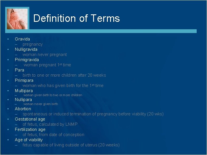 Definition of Terms • • • Gravida – pregnancy Nulligravida – woman never pregnant