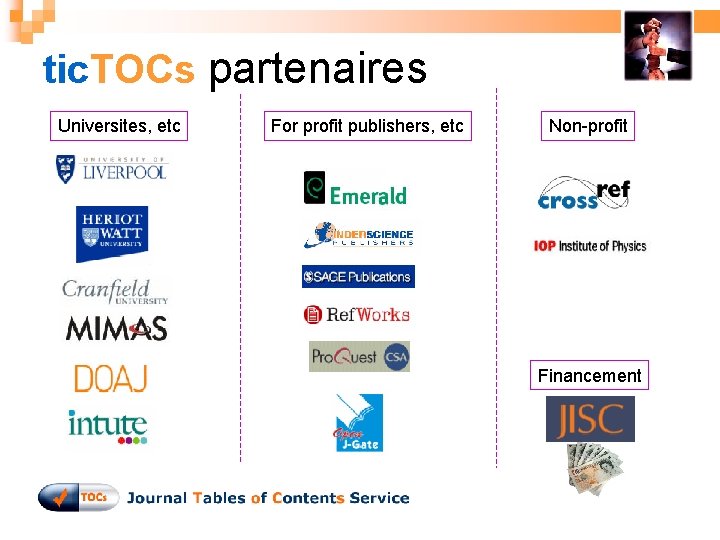 tic. TOCs partenaires Universites, etc For profit publishers, etc Non-profit Financement 