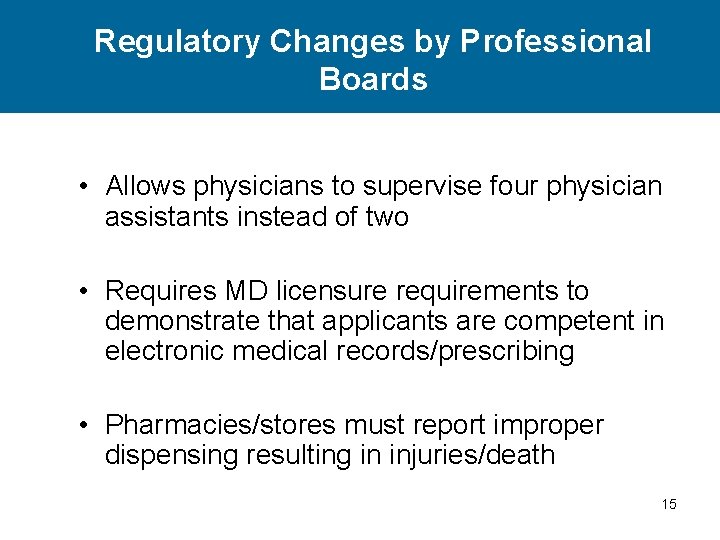 Regulatory Changes by Professional Boards • Allows physicians to supervise four physician assistants instead