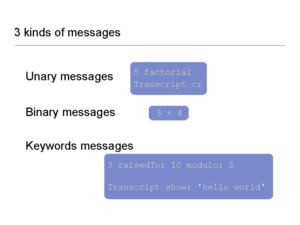 3 kinds of messages Unary messages 5 factorial Transcript cr Binary messages 3 +
