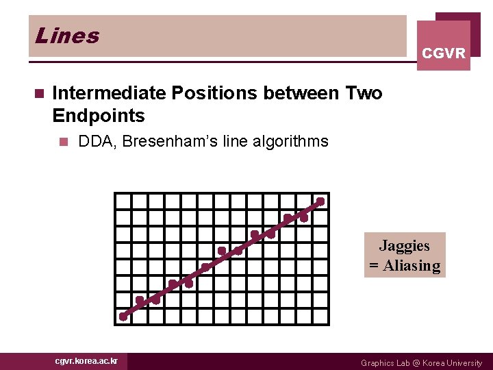 Lines n CGVR Intermediate Positions between Two Endpoints n DDA, Bresenham’s line algorithms Jaggies