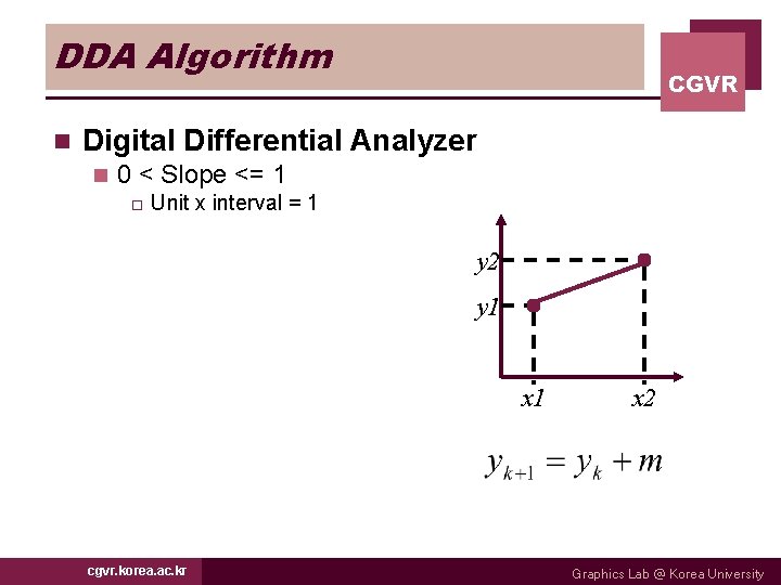 DDA Algorithm n CGVR Digital Differential Analyzer n 0 < Slope <= 1 o