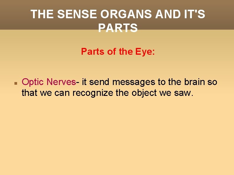 THE SENSE ORGANS AND IT'S PARTS Parts of the Eye: Optic Nerves- it send