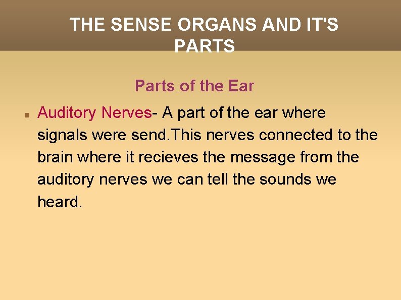 THE SENSE ORGANS AND IT'S PARTS Parts of the Ear Auditory Nerves- A part