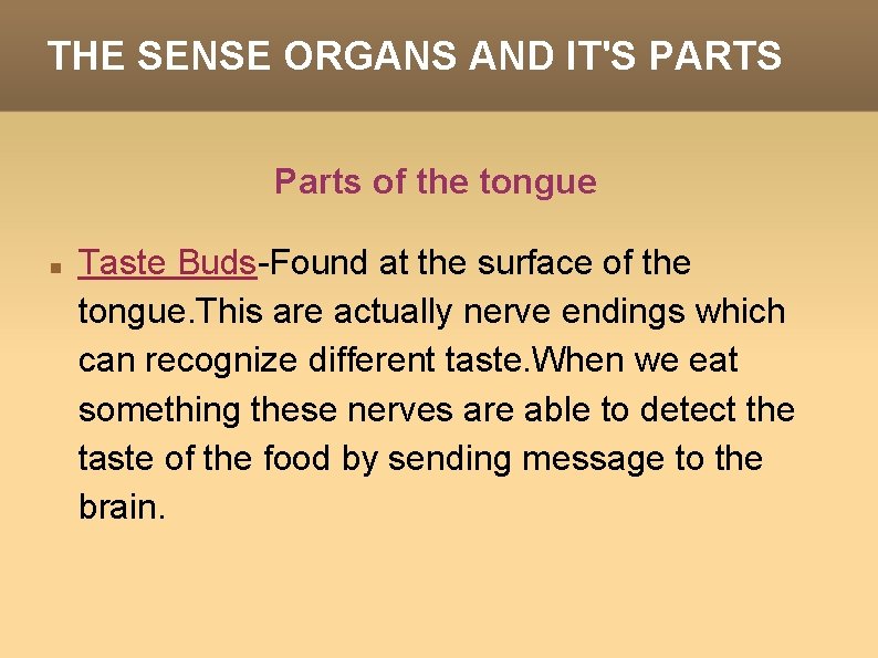 THE SENSE ORGANS AND IT'S PARTS Parts of the tongue Taste Buds-Found at the