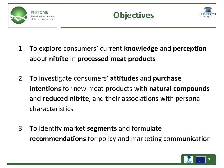 Objectives 1. To explore consumers’ current knowledge and perception about nitrite in processed meat