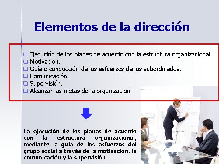 Elementos de la dirección q Ejecución de los planes de acuerdo con la estructura