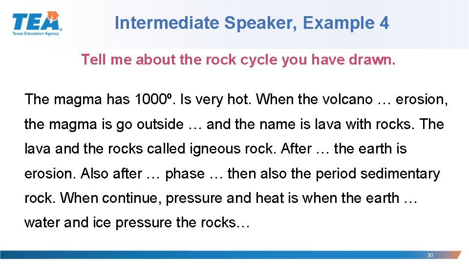 Intermediate Speaker, Example 4 Tell me about the rock cycle you have drawn. The Intermediate Speaker, Example 4 Tell me about the rock cycle you have drawn. The