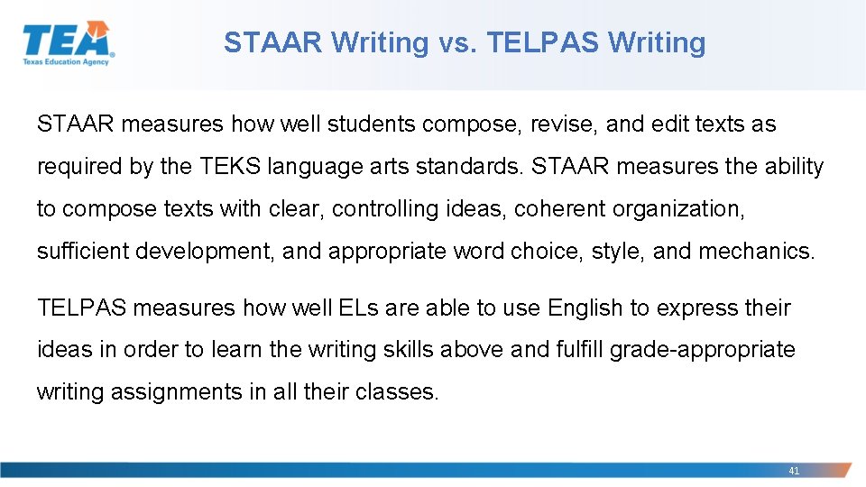 STAAR Writing vs. TELPAS Writing STAAR measures how well students compose, revise, and edit STAAR Writing vs. TELPAS Writing STAAR measures how well students compose, revise, and edit