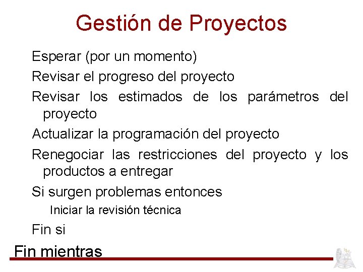 Gestión de Proyectos Esperar (por un momento) Revisar el progreso del proyecto Revisar los