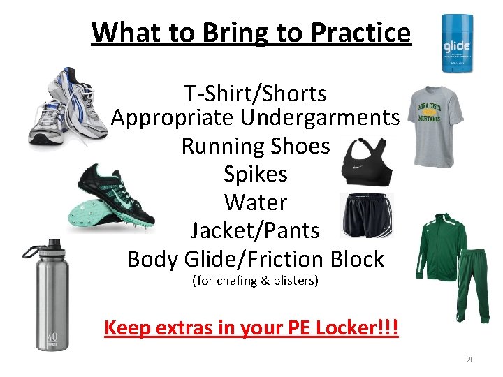 What to Bring to Practice T-Shirt/Shorts Appropriate Undergarments Running Shoes Spikes Water Jacket/Pants Body