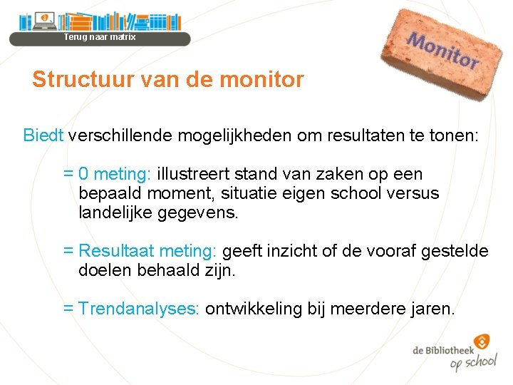 Terug naar matrix Structuur van de monitor Biedt verschillende mogelijkheden om resultaten te tonen: