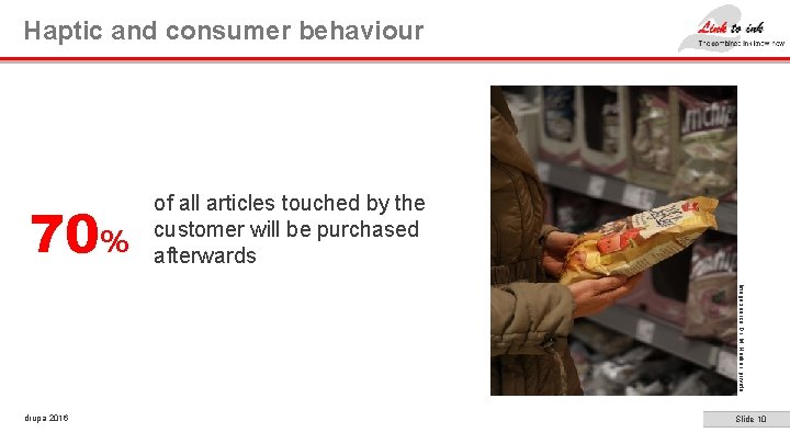 Haptic and consumer behaviour 70% of all articles touched by the customer will be