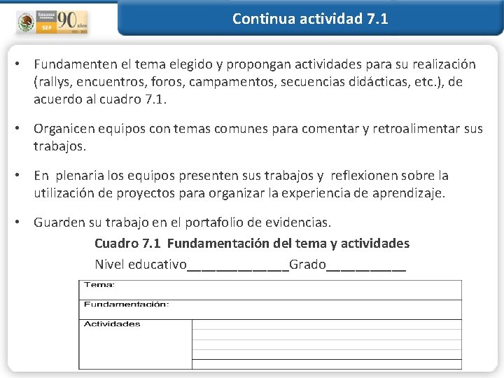 Continua actividad 7. 1 • Fundamenten el tema elegido y propongan actividades para su