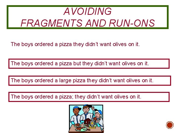 AVOIDING FRAGMENTS AND RUN-ONS The boys ordered a pizza they didn’t want olives on