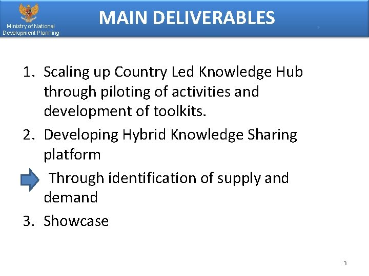 Ministry of National Development Planning MAIN DELIVERABLES 1. Scaling up Country Led Knowledge Hub