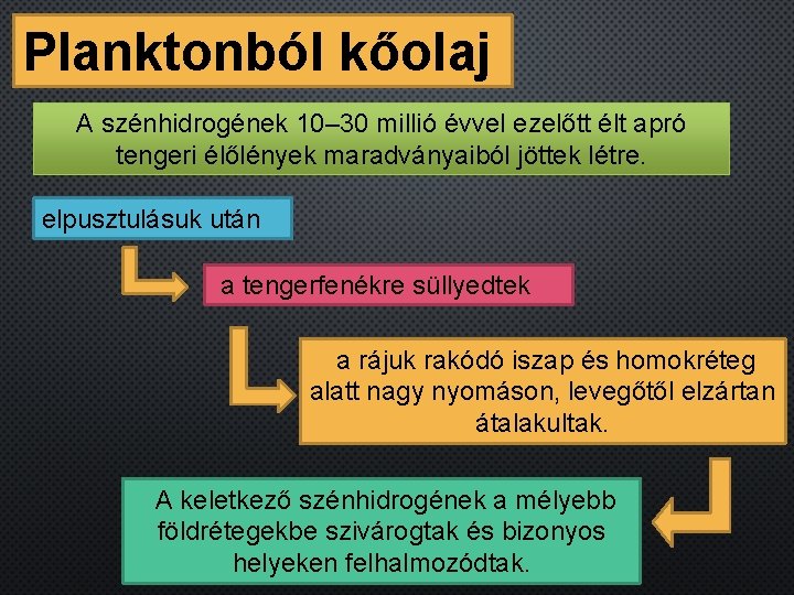 Planktonból kőolaj A szénhidrogének 10– 30 millió évvel ezelőtt élt apró tengeri élőlények maradványaiból