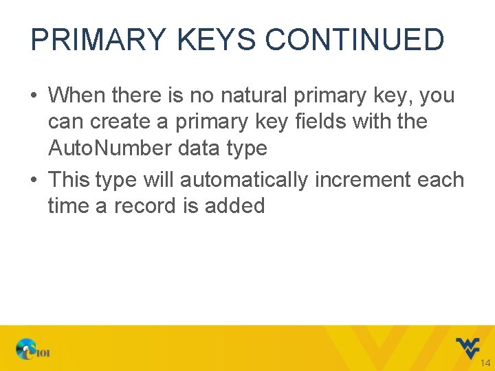 PRIMARY KEYS CONTINUED • When there is no natural primary key, you can create