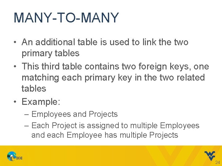 MANY-TO-MANY • An additional table is used to link the two primary tables •